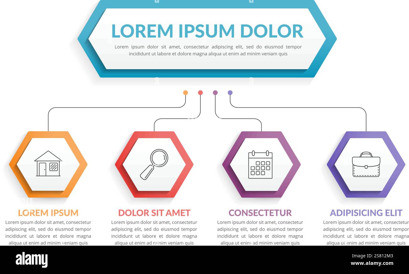 Infographic template with hexagons with main idea and 4 steps or options, workflow, process chart, vector eps10 illustration Stock Vector