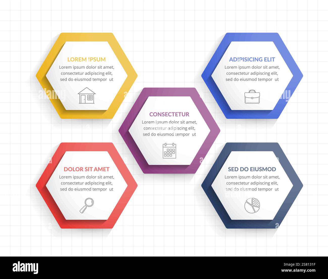 Infographic template with five hexagons with line icons, process chart, vector eps10 illustration Stock Vector