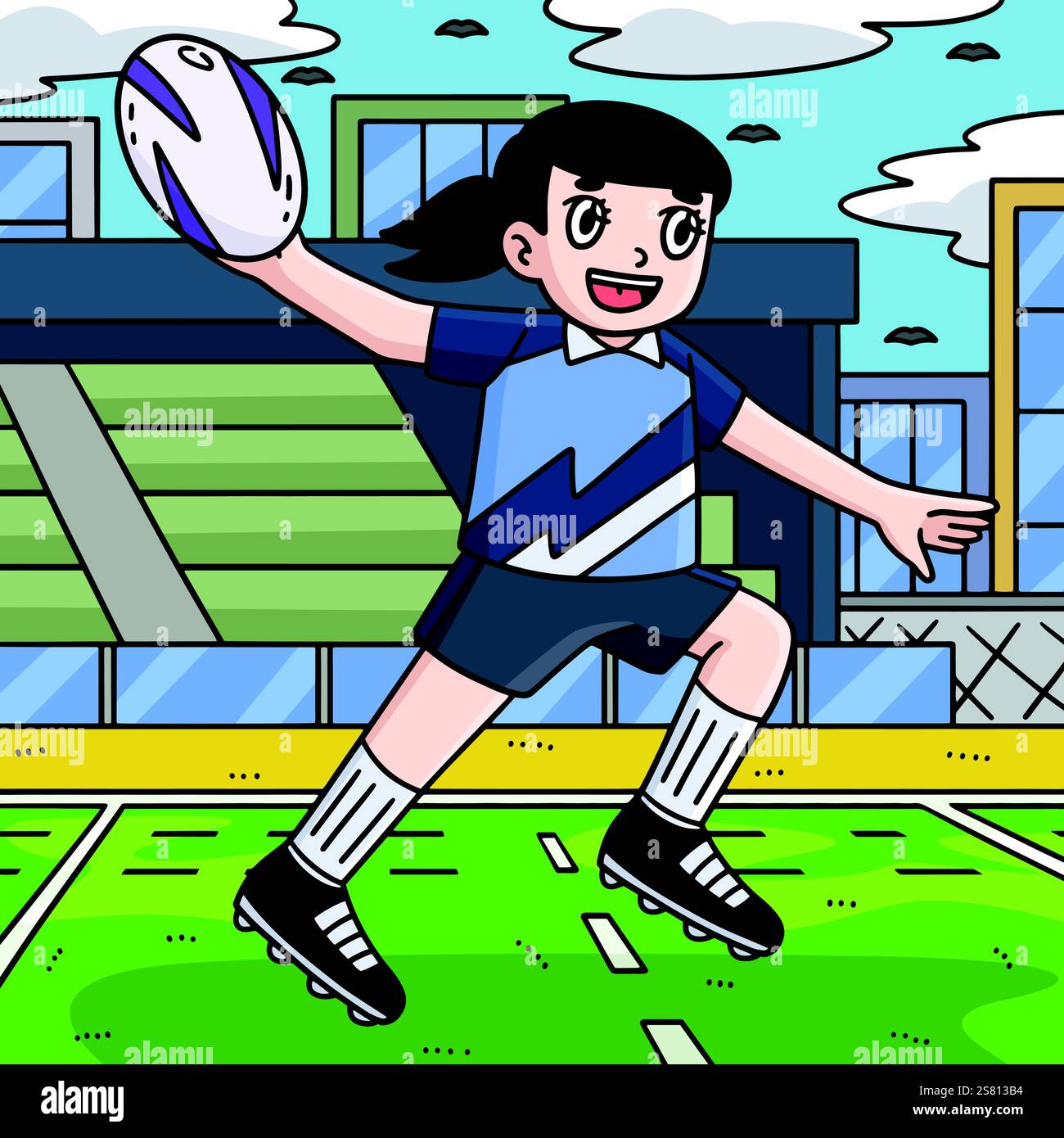 Female Rugby Player Passing Ball Colored Cartoon Stock Vector Image ...