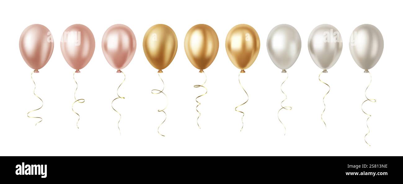 Set of Realistic 3D Rose Gold Silver Party Event Balloons Isolated on ...