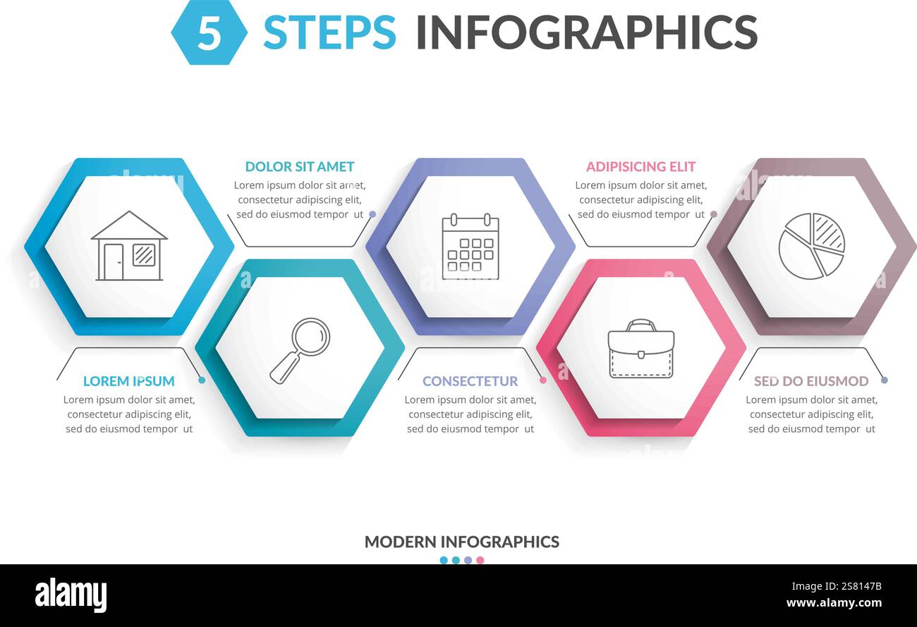 Infographic template with 5 hexagons with line icons, process chart ...
