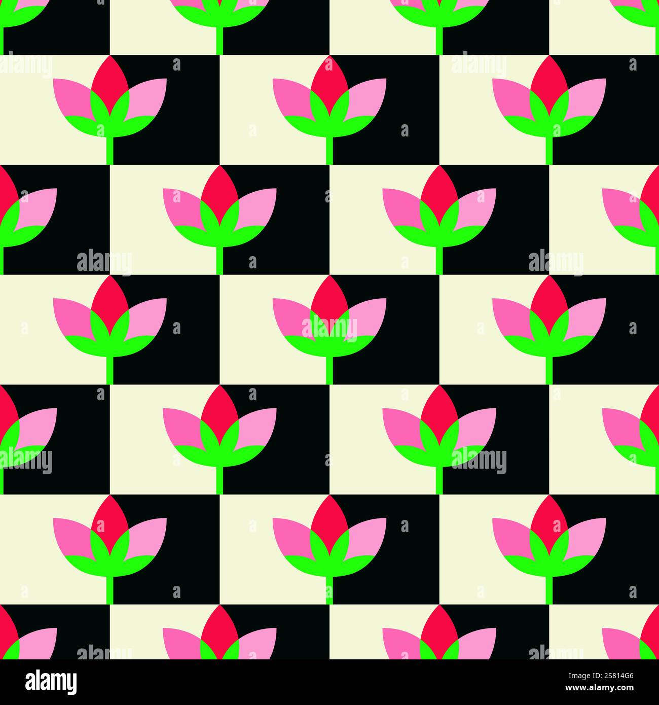 Checkered board bright flower shape abstract seamless pattern. Decorative geometrical grid. Black white pink shades vintage colours palette. Graphical Stock Vector