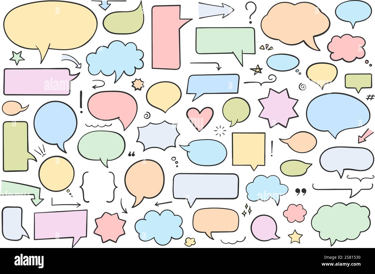 Collection of hand drawn speech bubbles, arrows and other design ...