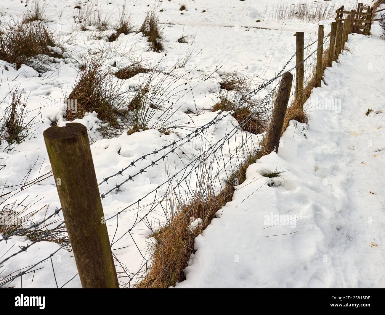 Snow-covered rural landscape with a barbed wire fence. Rivington Pike ...