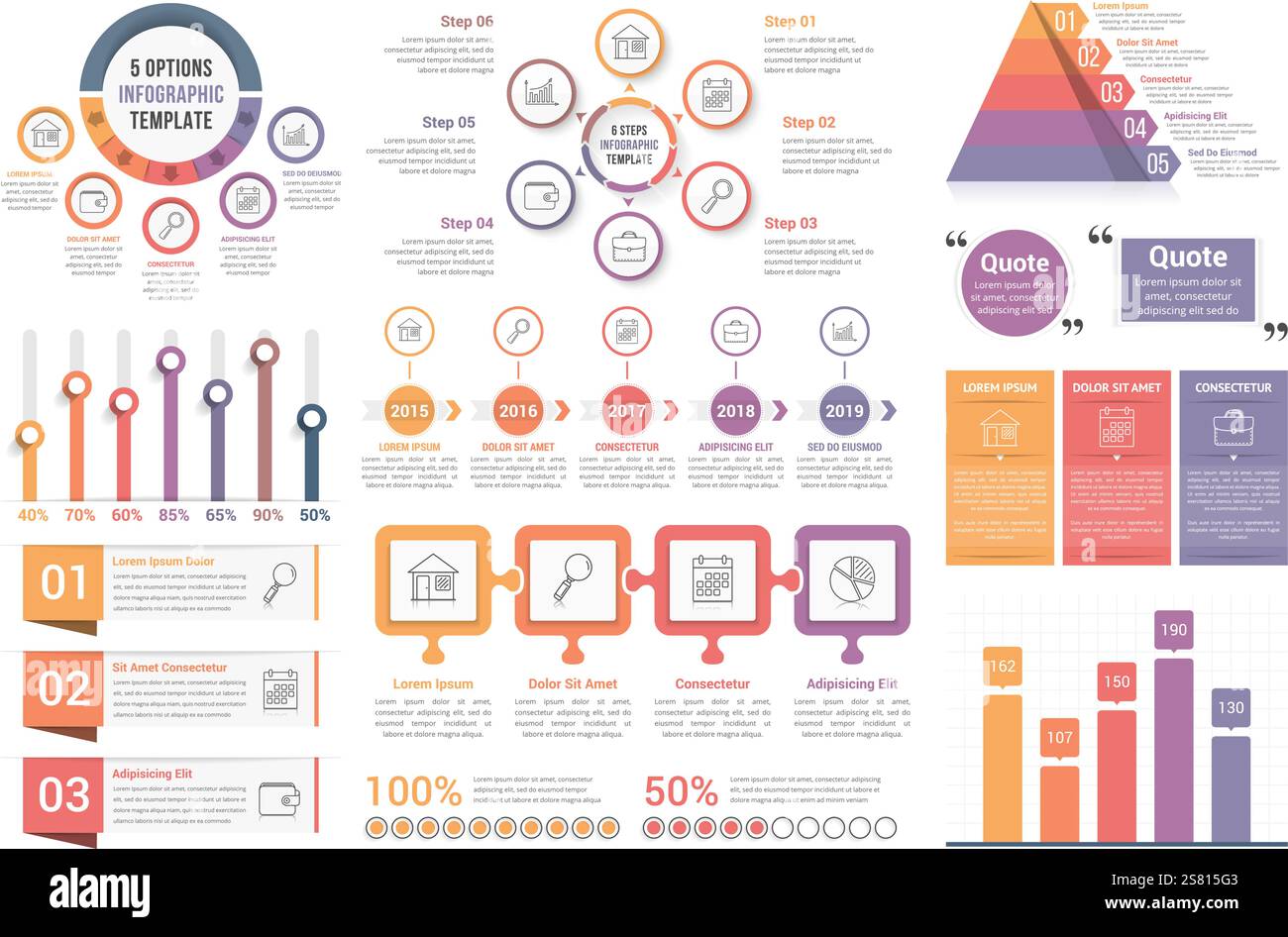 Infographic elements - circle diagrams, timeline, bar graphs, pyramid ...