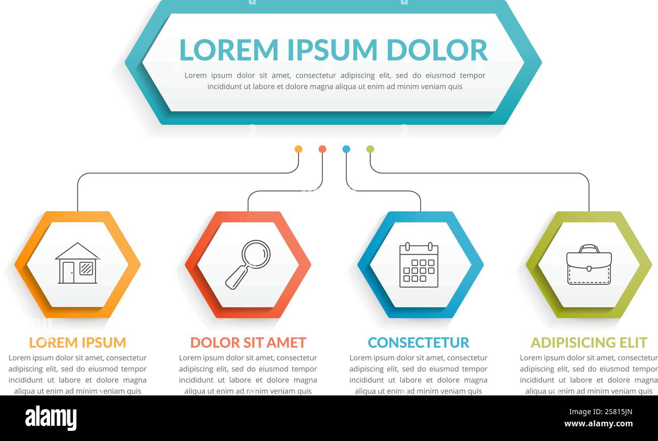 Infographic template with hexagons with main idea and 4 steps or options, workflow, process chart, vector eps10 illustration Stock Vector
