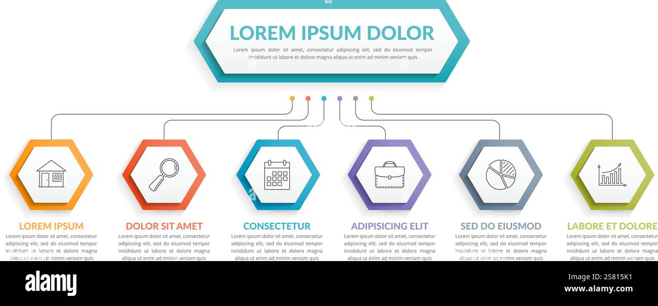 Infographic template with hexagons with main idea and 6 steps or options, workflow, process chart, vector eps10 illustration Stock Vector