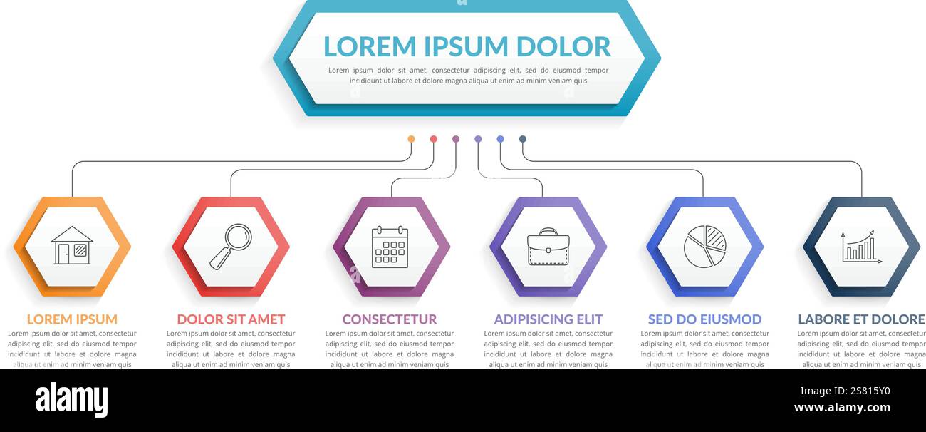 Infographic template with hexagons with main idea and 6 steps or options, workflow, process chart, vector eps10 illustration Stock Vector