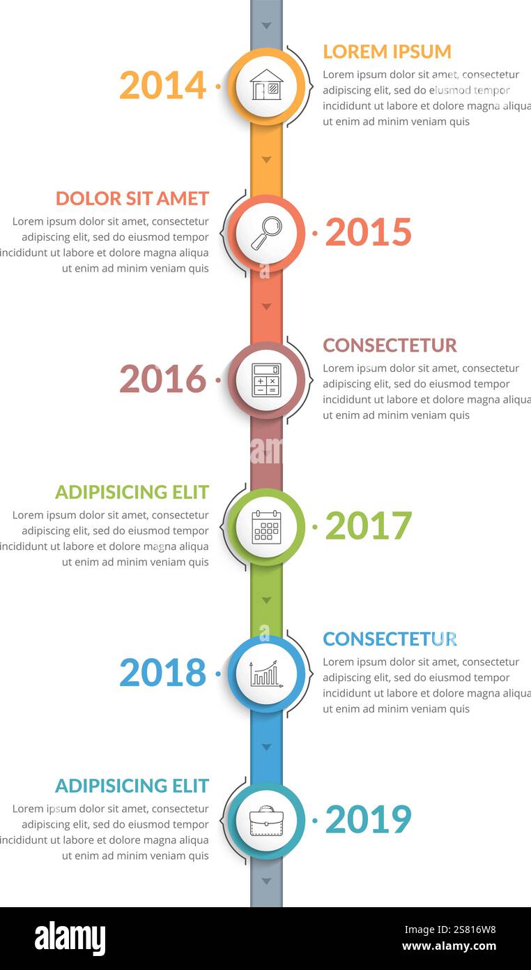 Vertical timeline template with icons, six elements, vector eps10 illustration Stock Vector