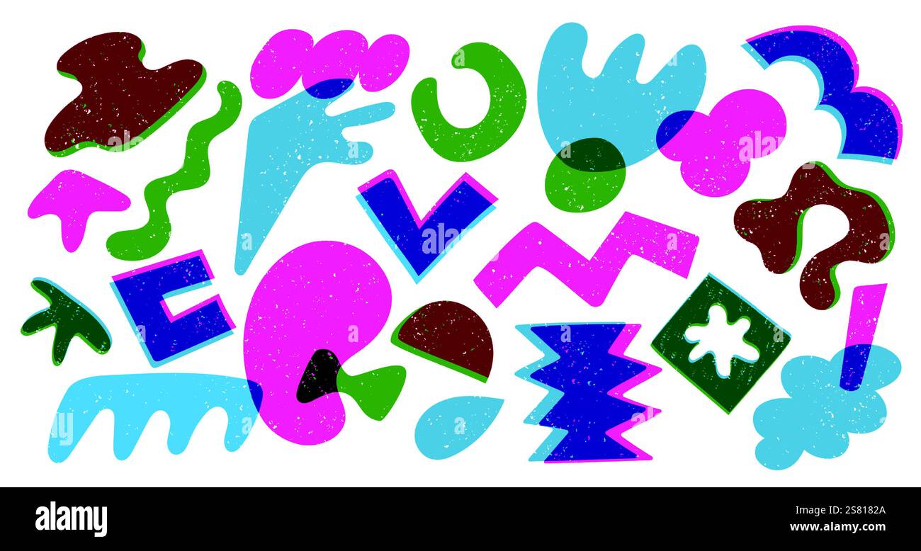 Abstract risograph shapes. Colorful random doodle geometric figures, modern childish riso graphic elements different textures. Vector isolated set. Stock Vector