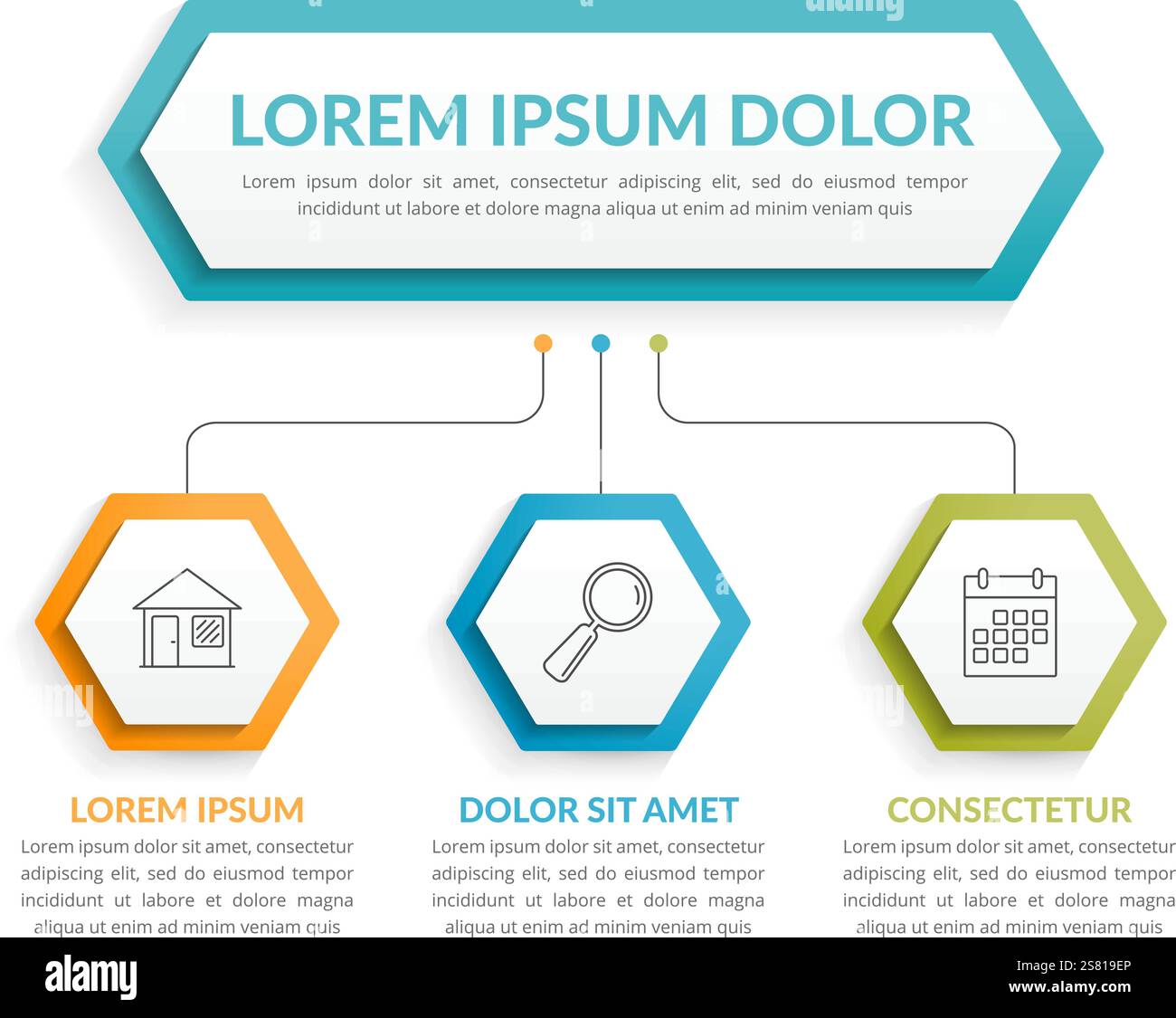 Infographic template with hexagons with main idea and 3 steps or options, workflow, process chart, vector eps10 illustration Stock Vector