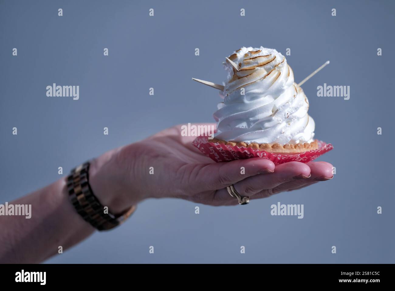 Nerja, Spain. An indulgent  lemon tartlet with a pastry base with a large impressive meringue topping. An impressive lemon meringue tart Stock Photo