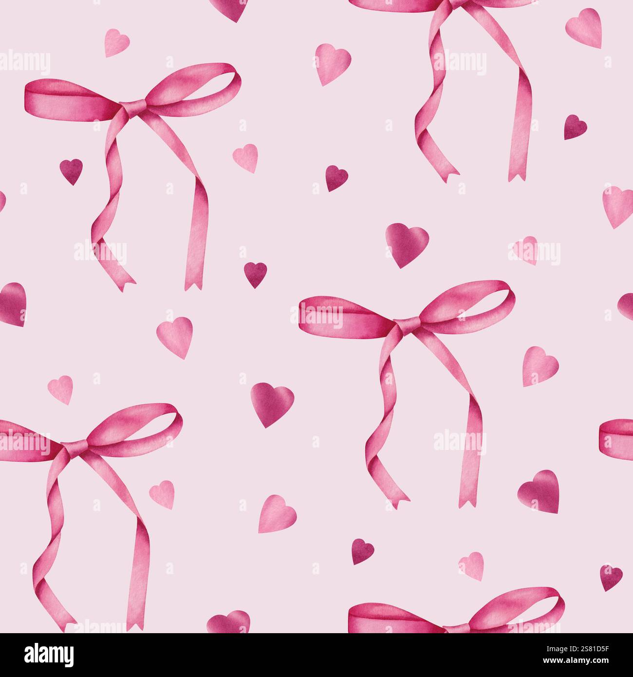 Seamless pattern with watercolor pink bows and hearts. Illustration for ...