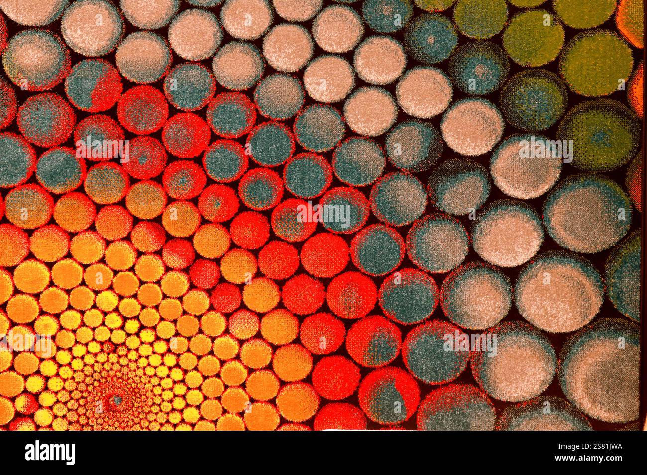 Soft carpet with bright patterns, background. Fluffy rug, interior element, flooring, carpet with geometric round pattern Stock Photo