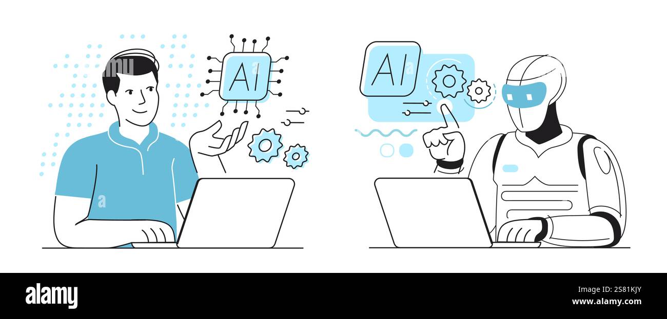 Man working on laptop using artificial intelligence technology. AI assistant, virtual cyberspace, digital data Stock Vector