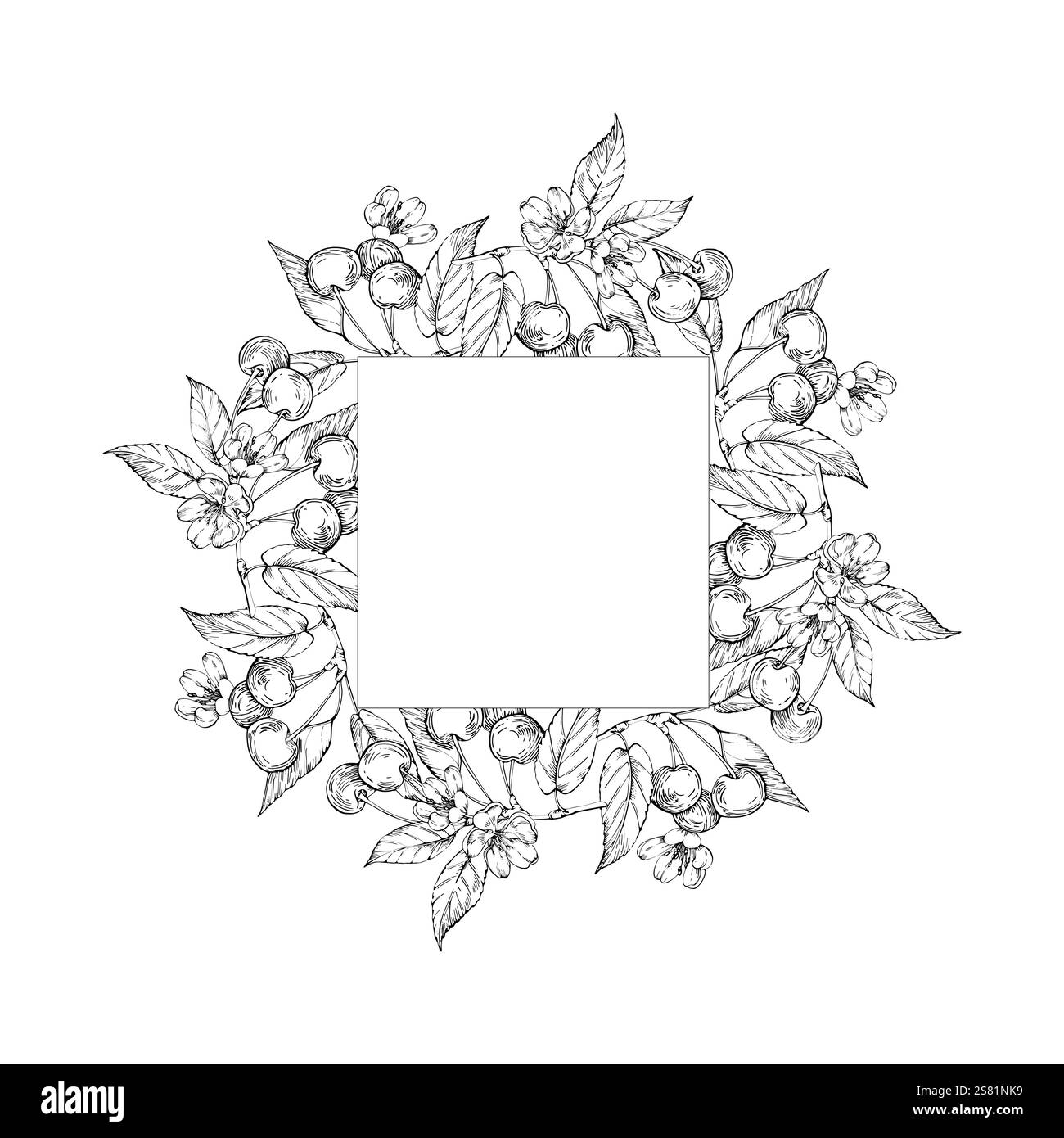 Cherry vector black and white wreath hand drawn with ink Stock Vector ...
