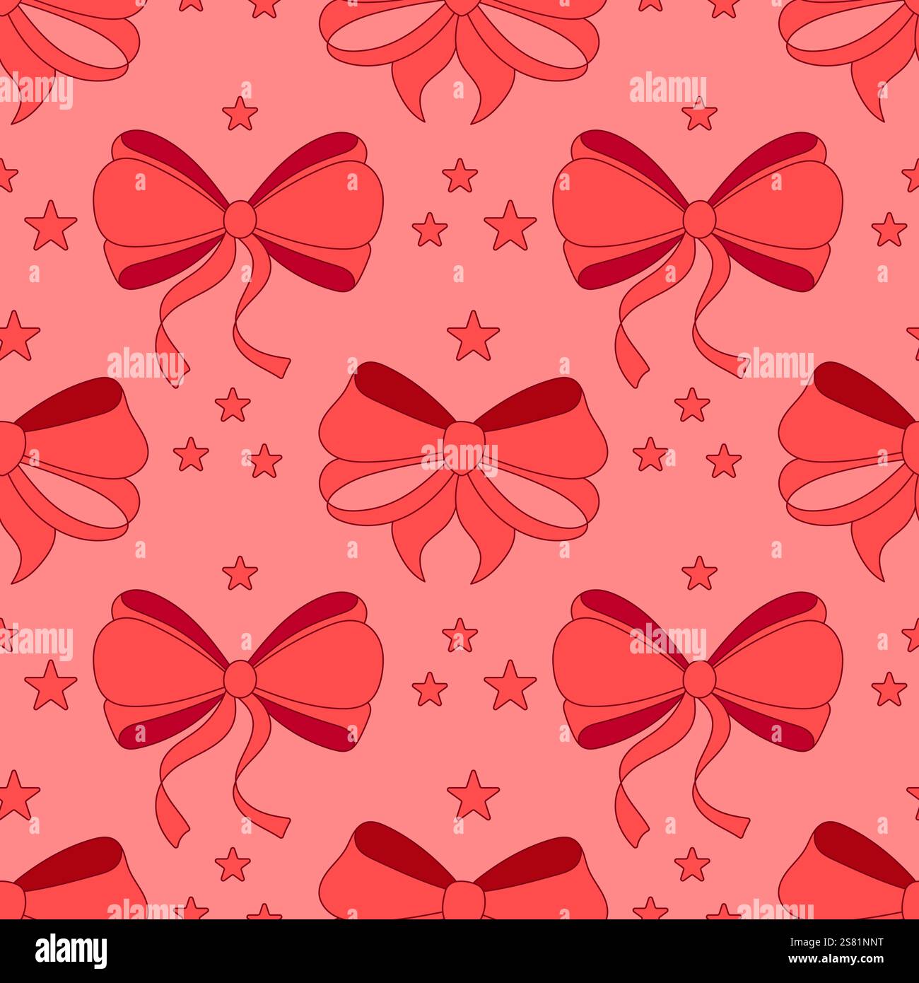 Seamless pattern,simple hand drawn ribbon linear bows. Red background Stock Vector
