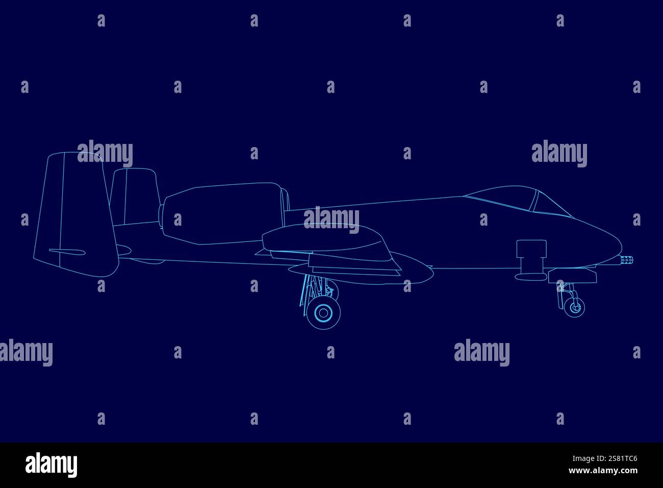 Blue airplane is shown in a blue drawing. The airplane is a fighter jet ...