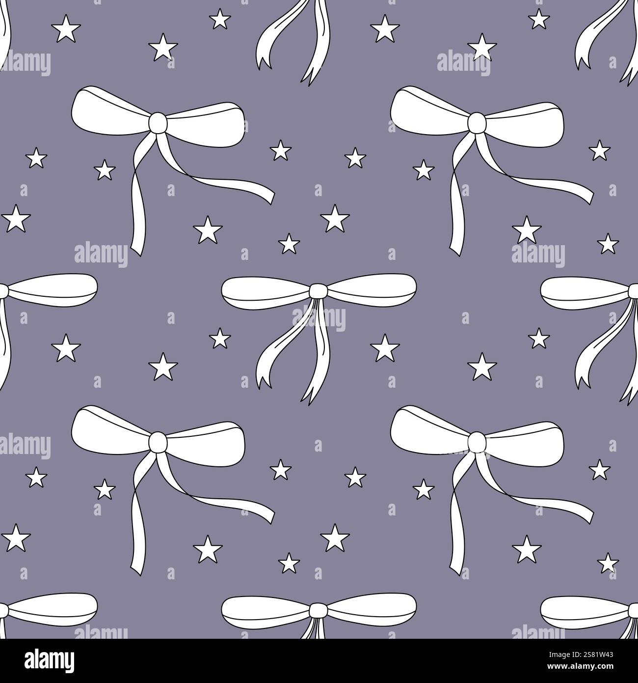 Seamless pattern,simple hand drawn ribbon linear bows. Stars background Stock Vector