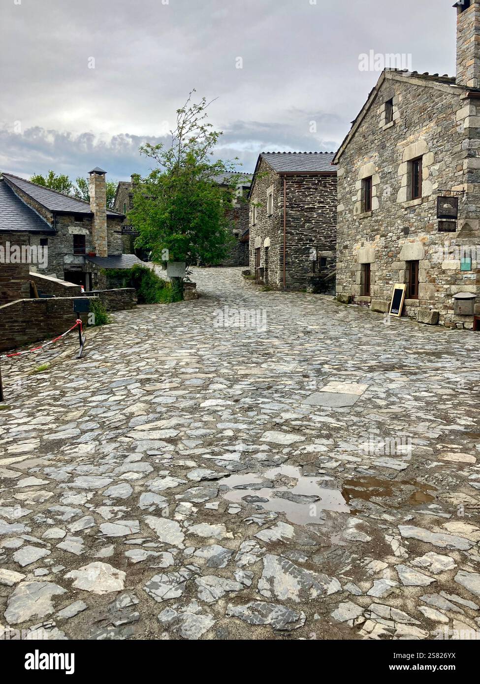 Stone Paved Street of a Spanish Mountain Village: O Cebreiro, Galicia, Spain - Smartphone Captured Stock Image