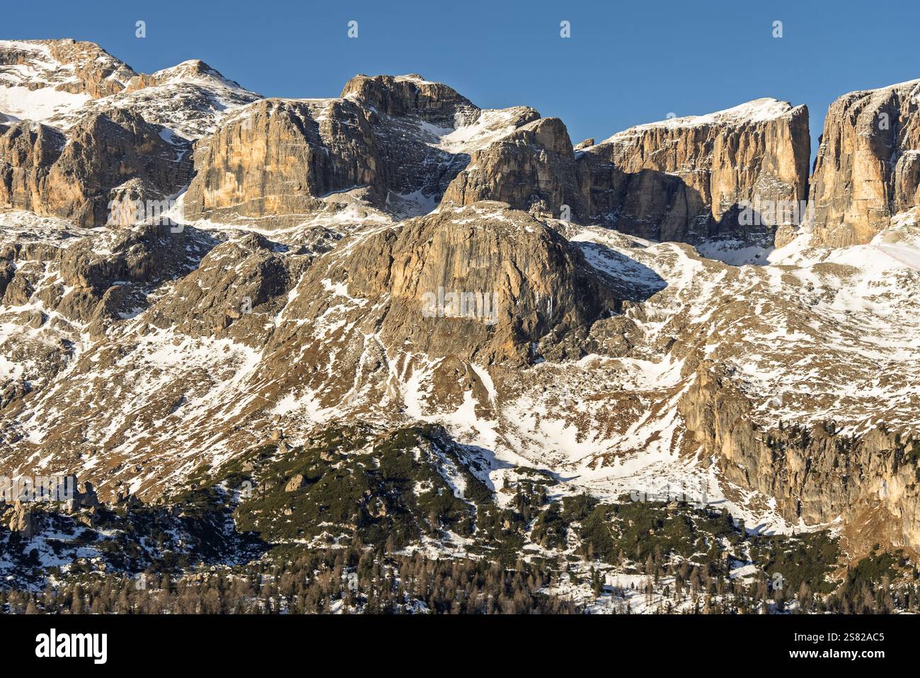 Sella Rond Sella Ronda group. Italian Dolomites drone aerial view in winter snow ...