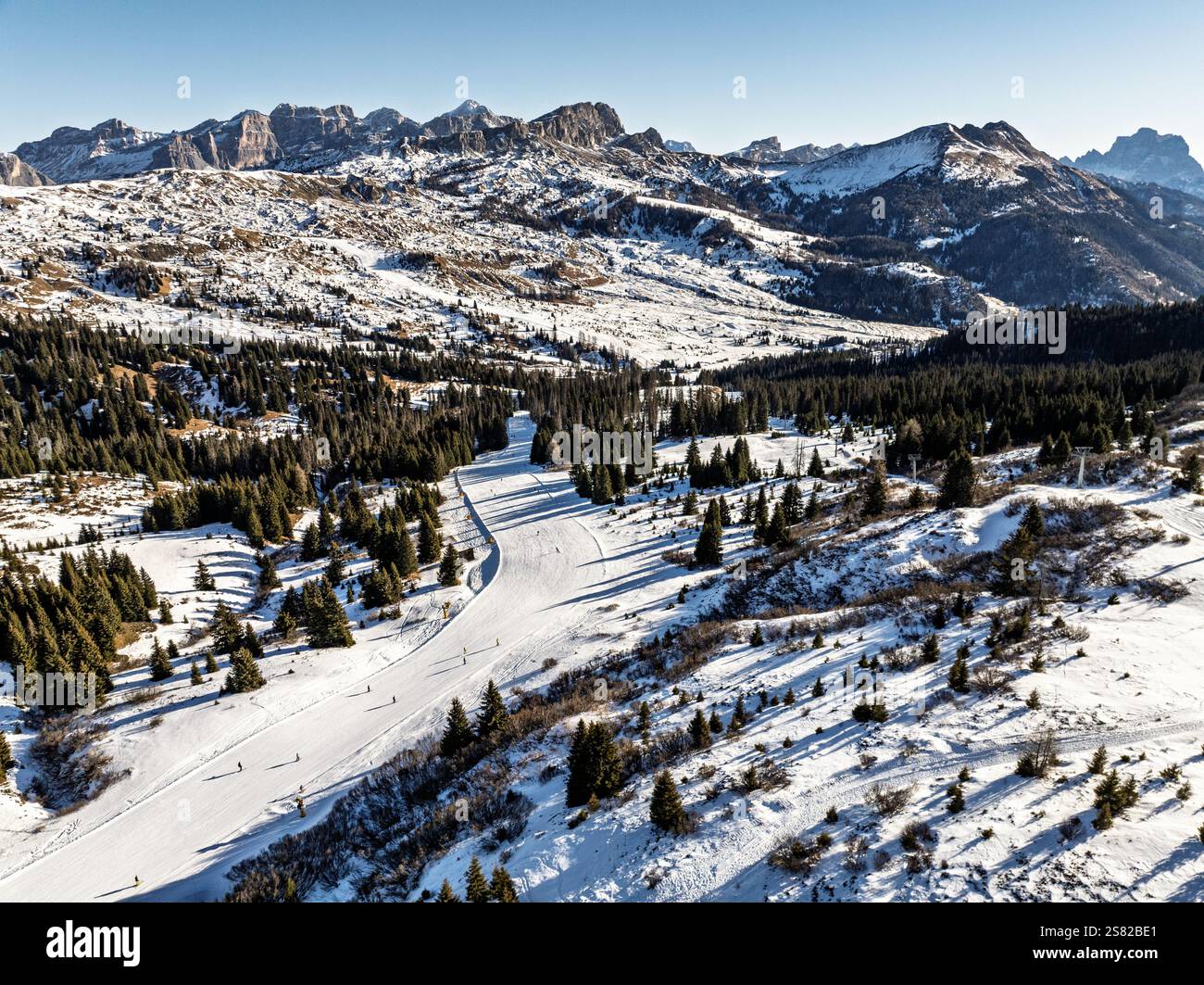 Sella Rond Sella Ronda group. Italian Dolomites drone aerial view in winter snow ...