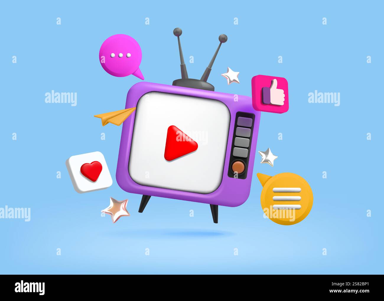 3D television icon. TV screen. Channel show. Bubble style movie concept with notification cloud or web talk action. Analog antenna. Render electronic Stock Vector