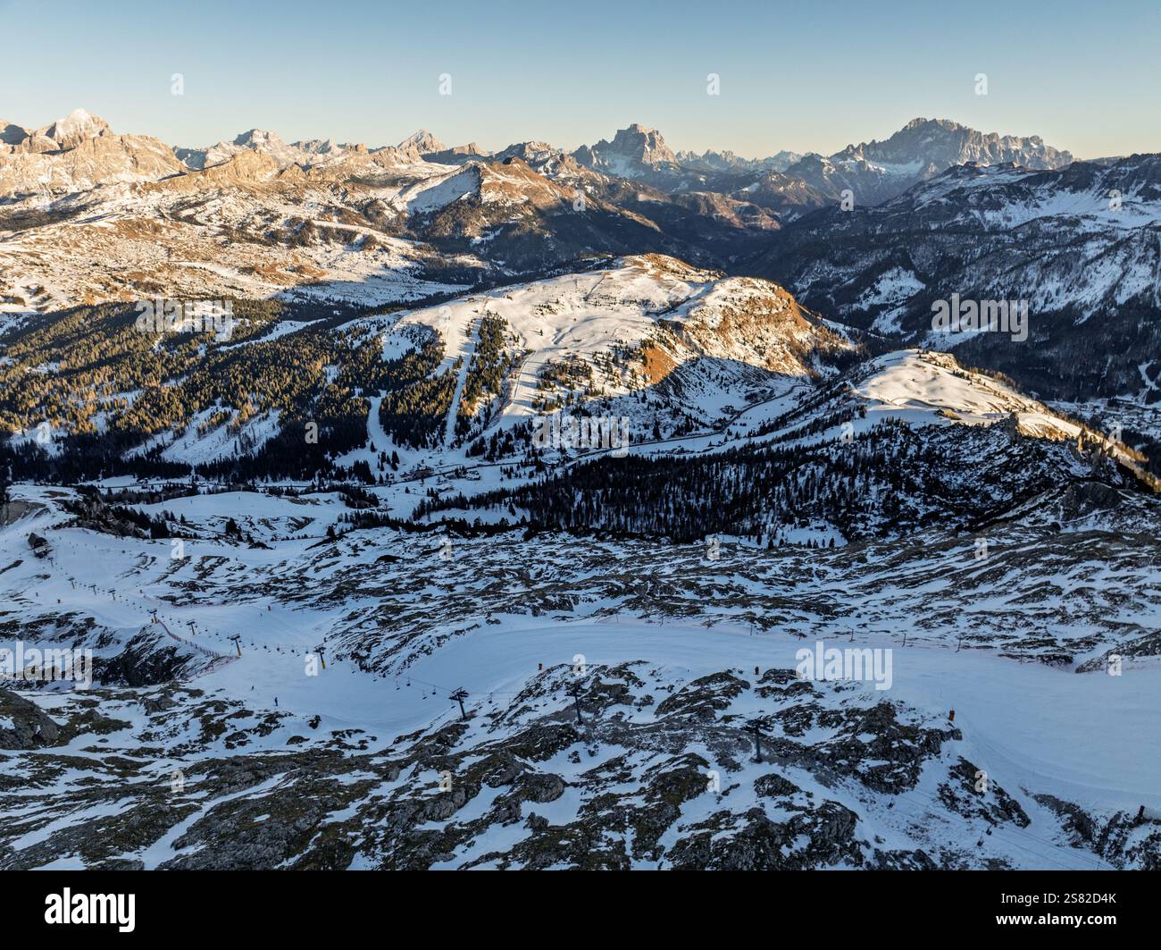 Sella Rond Sella Ronda group. Italian Dolomites drone aerial view in winter snow ...