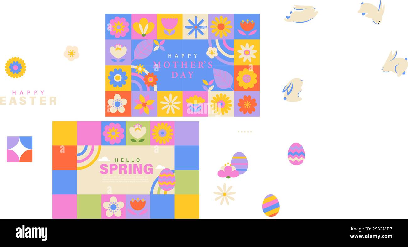 Spring geometric banner with elements and symbols of season, flowers ...