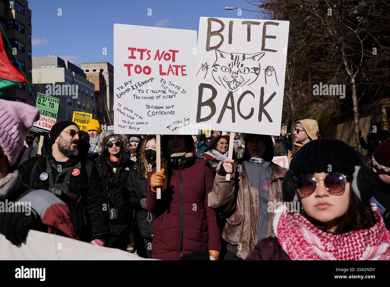 Protestors rally on Inauguration Day, Monday, Jan. 20, 2025, in