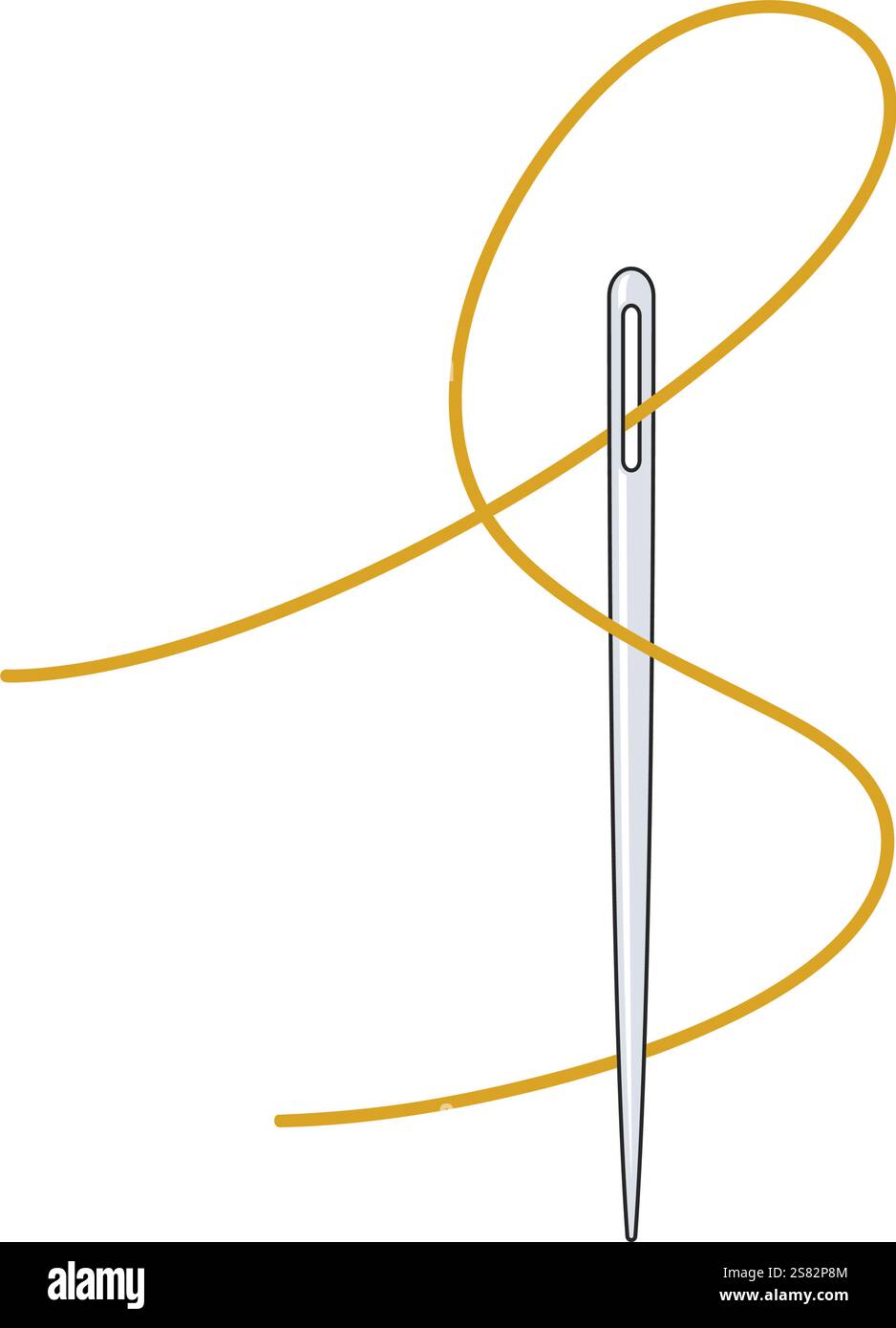 A sewing needle with gold thread forming an S shape threaded through the eye of the needle in vector Stock Vector
