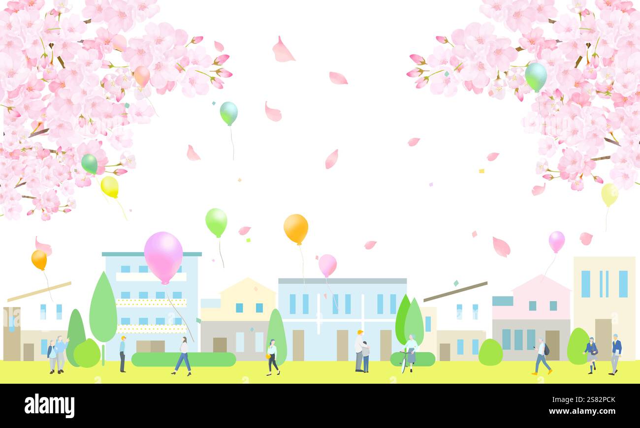 Cherry blossoms and balloons - lovely cityscape and people walking ...