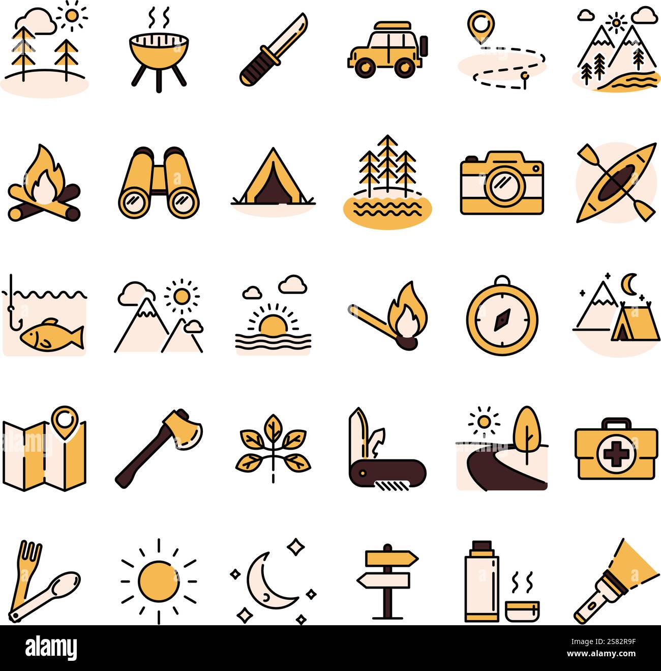 Camping icon set. Outdoor recreation activity vector line icons ...