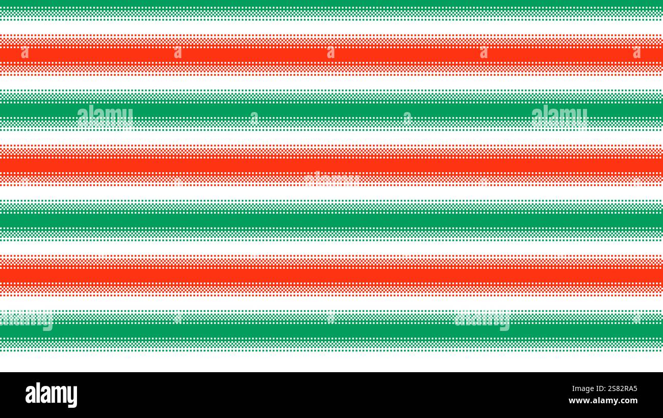 Pixel art green, red and white background. Horizontal stripes dithering backdrop. Vector illustration Stock Vector