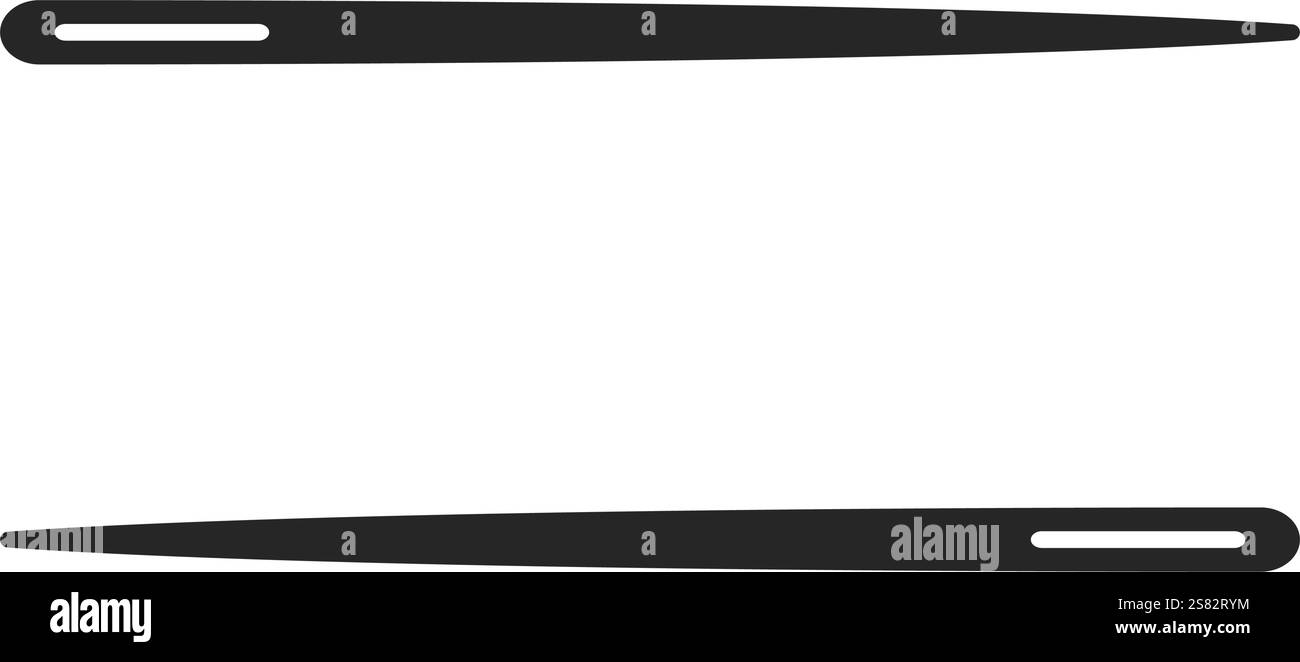 Two sewing needles facing opposite directions forming a border with copy space in between in silhouette vector Stock Vector
