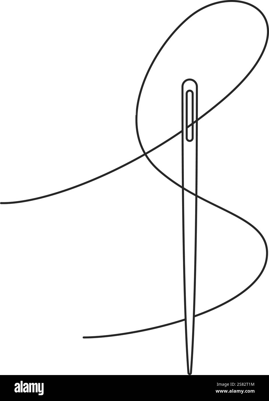 A sewing needle with thread forming an S shape threaded through the eye of the needle in line art vector Stock Vector