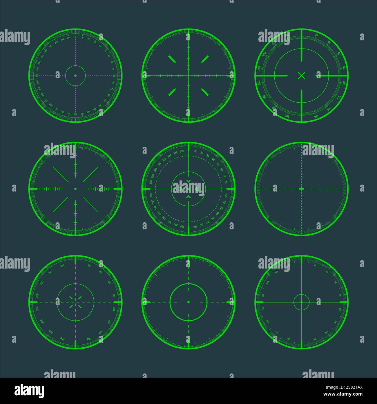 Various sniper rifle sights with degree scale, weapon optical scope ...