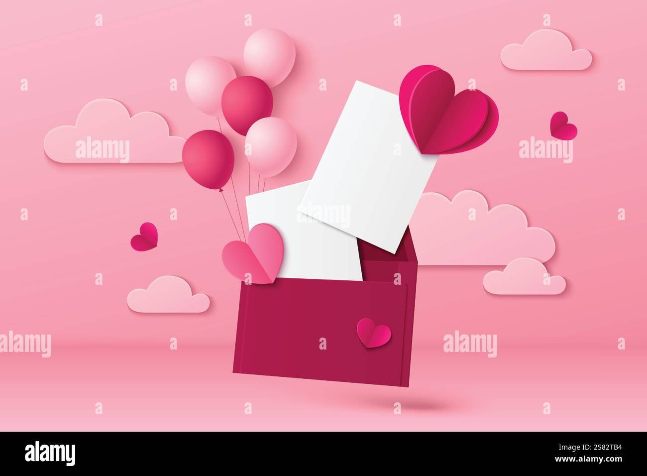 3d love letter on pink background with blank white post card inside red envelope decorated by floating papercut hearts, balloons and fluffy clouds. Greeting message mockup for Valentine or Mother day. Stock Vector