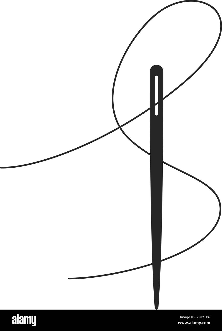 A sewing needle with thread forming an S shape threaded through the eye of the needle in silhouette vector Stock Vector