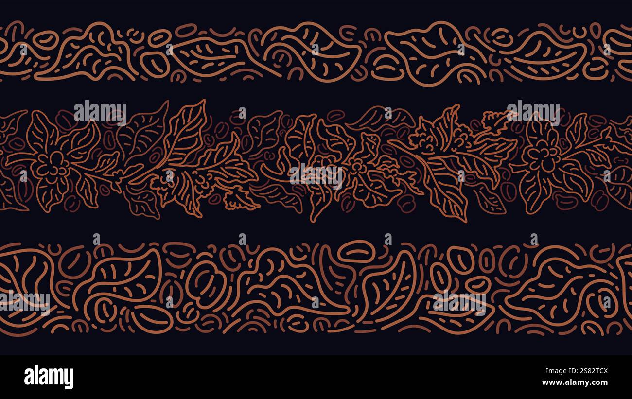 Coffee line patterns set. Abstract border. Branch, graphic beans. Vector seamless background for cafe packaging, textile print Stock Vector