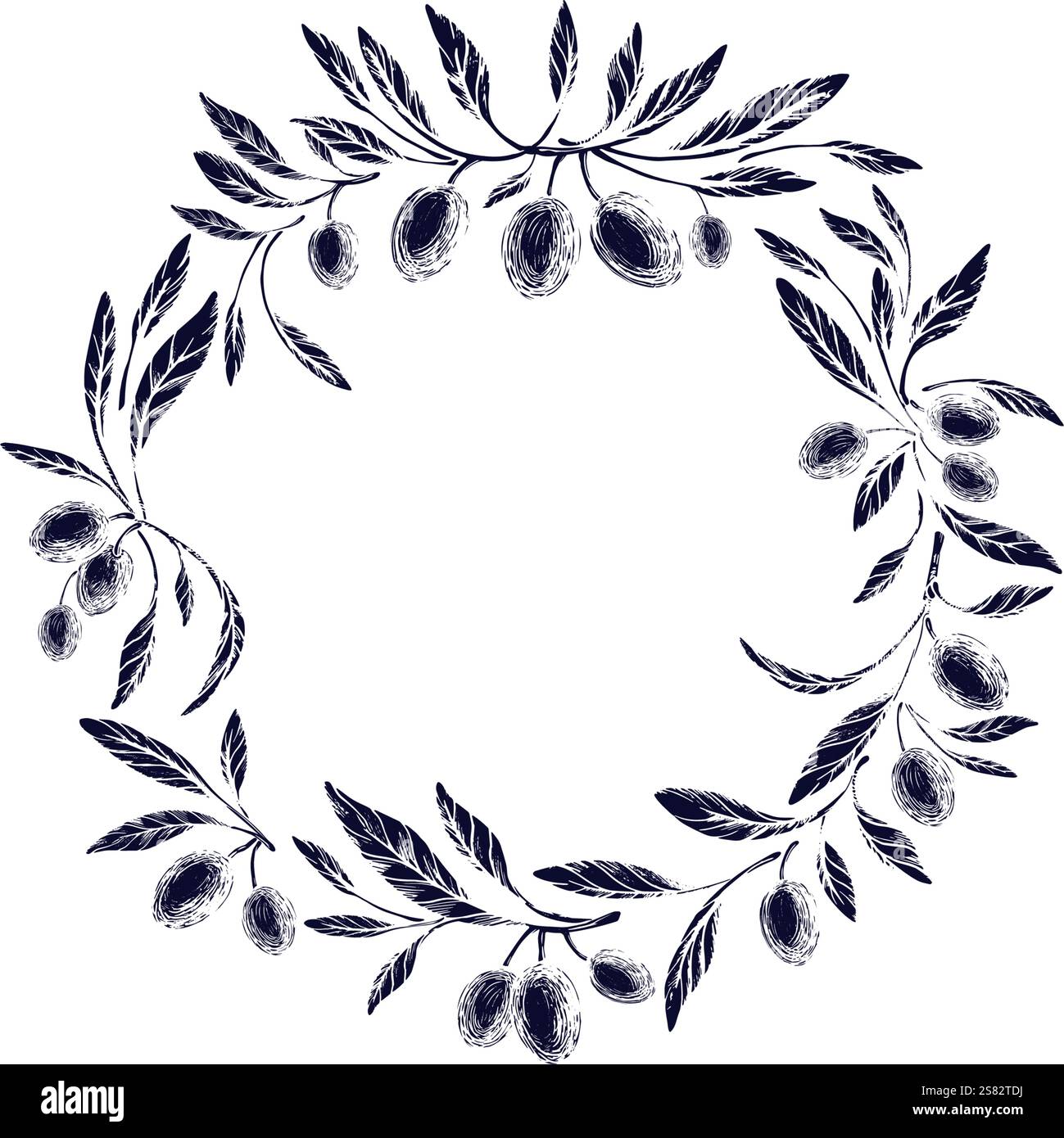 Olive branch imprint. Vector circle grunge silhouette of tree, oil ...