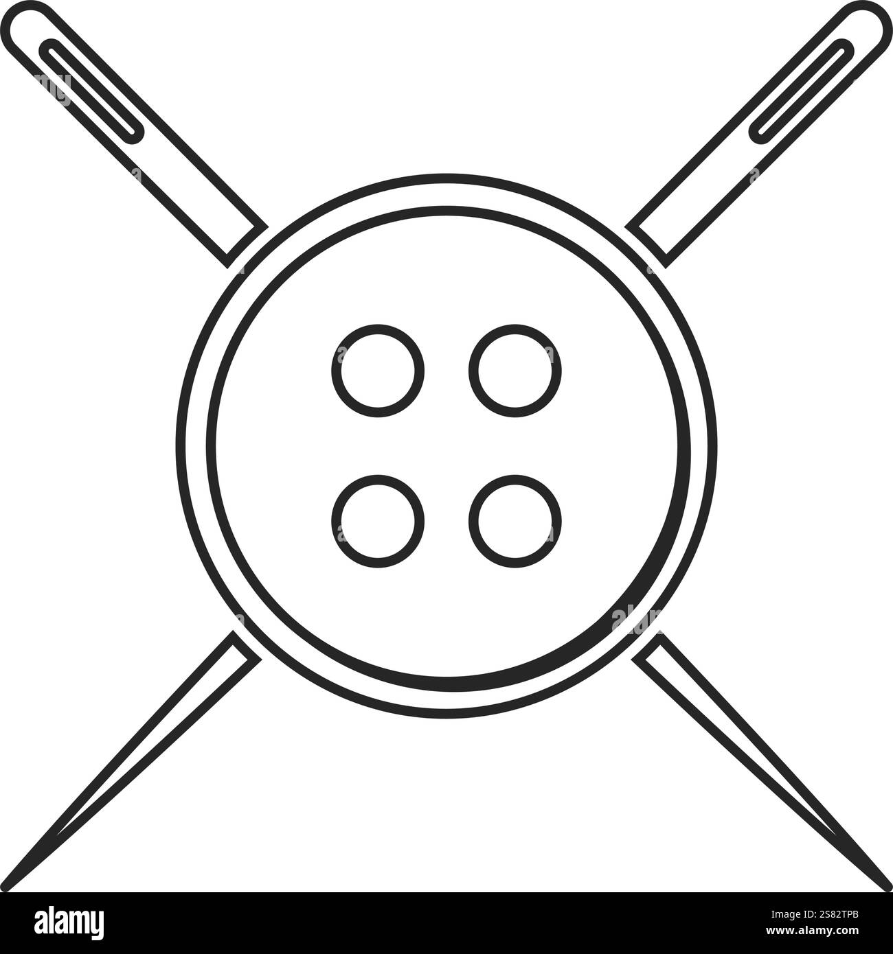 Needlecraft or clothes tailer concept of two sewing needles crossed over behind a button in outline vector Stock Vector