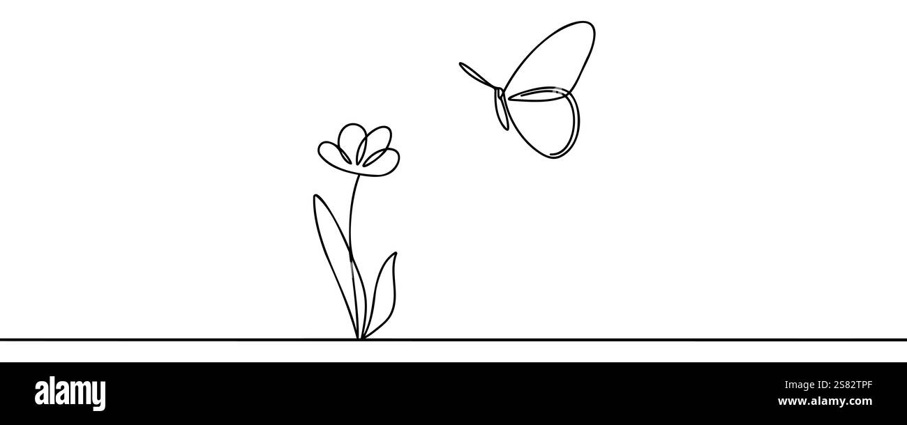Continuous one line drawing of beautiful butterfly and flower outline ...