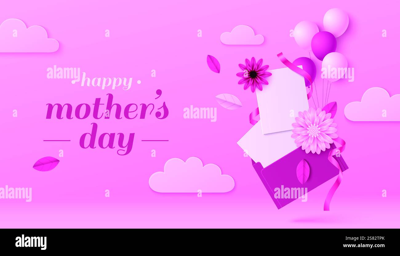 3d Mother day greeting composition with maroon post envelope on pink background, blank love letter, paper flowers, scattered foliage, floating clouds and celebratory balloons. Festive message design. Stock Vector