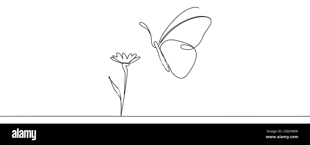 Continuous one line drawing of beautiful butterfly and flower outline ...
