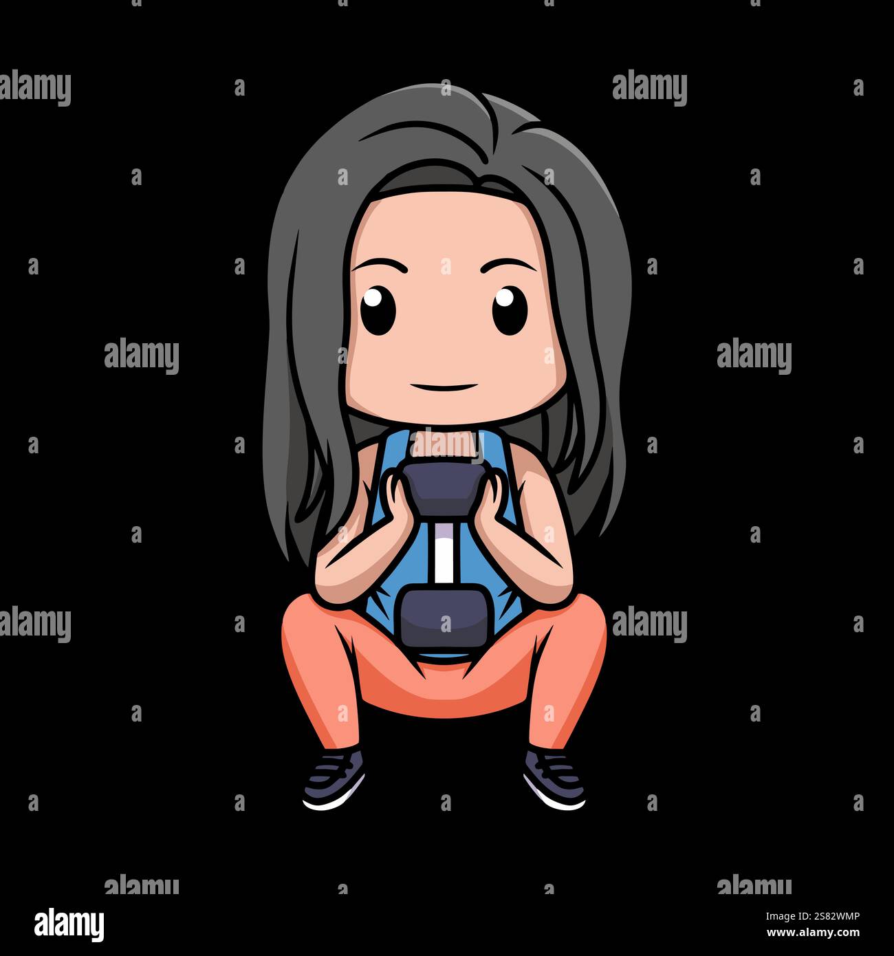 Girl chibi kawaii mascot character in squad pose illustration in dark ...