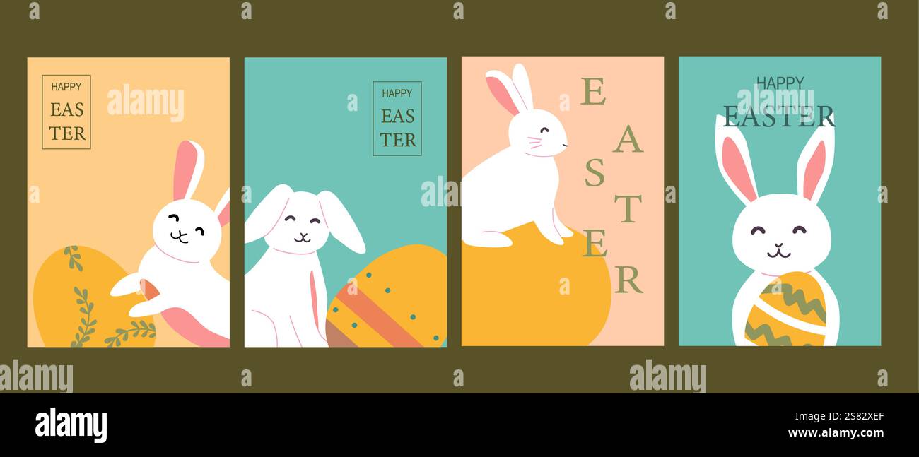 Cute easter bunnies with eggs in festive spring designs. Stock Vector