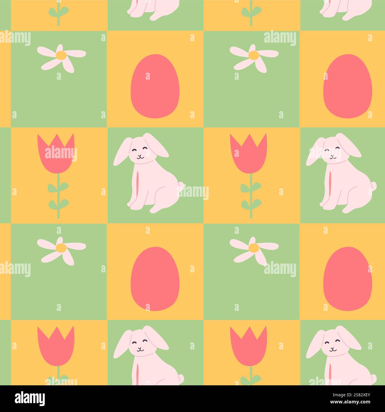 Happy easter patterns with bunny flowers and eggs for festive designs. Stock Vector