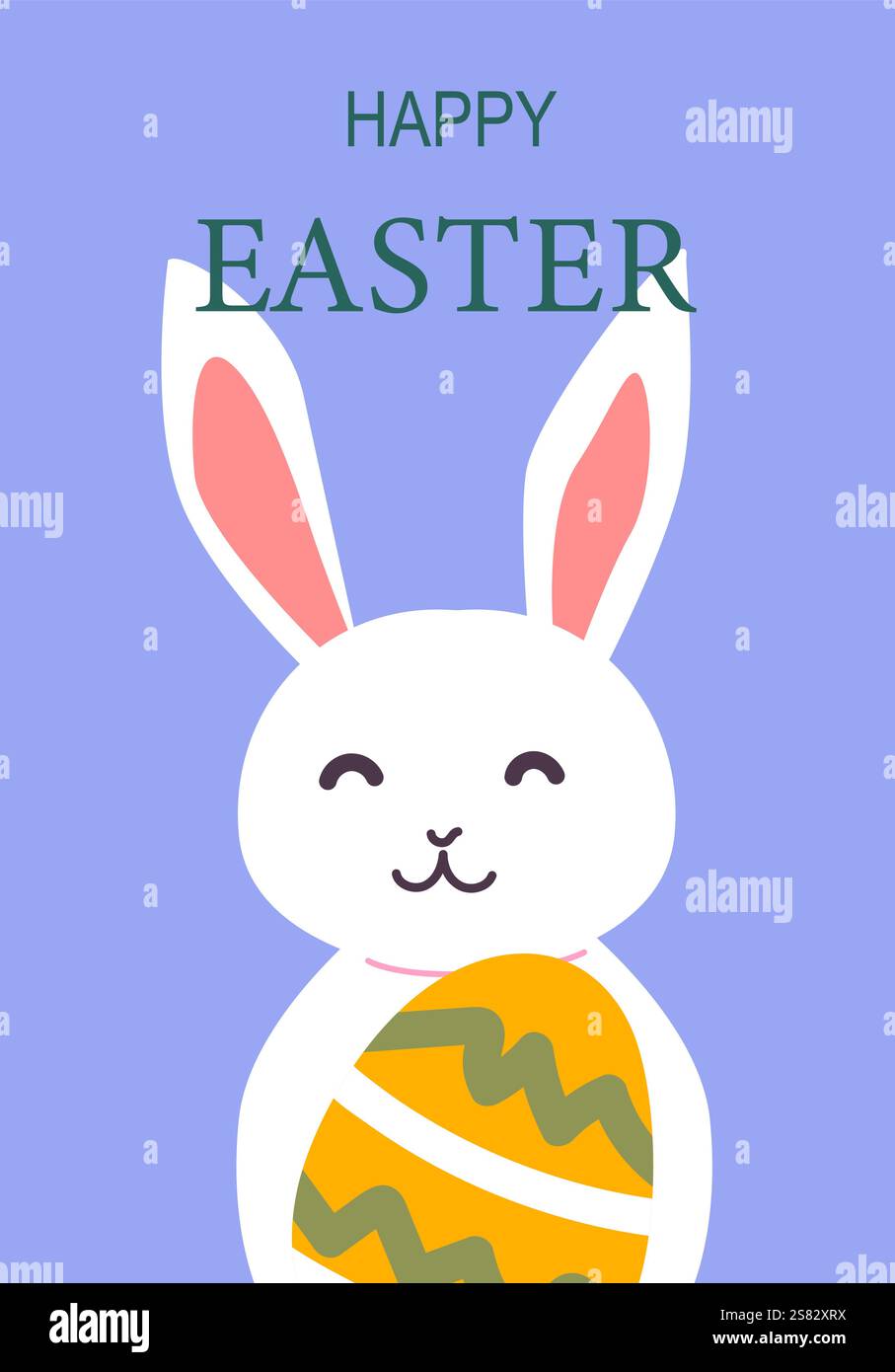 Happy easter poster design featuring cute bunny holding easter egg. Stock Vector