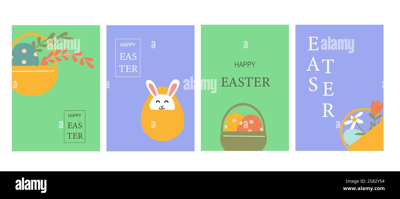 Happy easter geometric design set with baskets, eggs, and bunny for spring celebrations. Stock Vector
